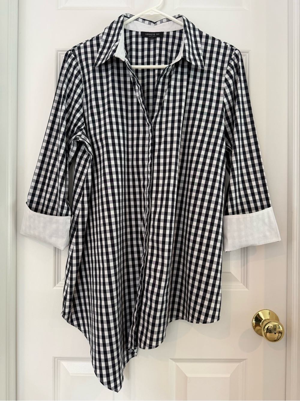 Lafayette 148 Black White Gingham Check Plaid Long Sleeve Asymmetric Hem Top L